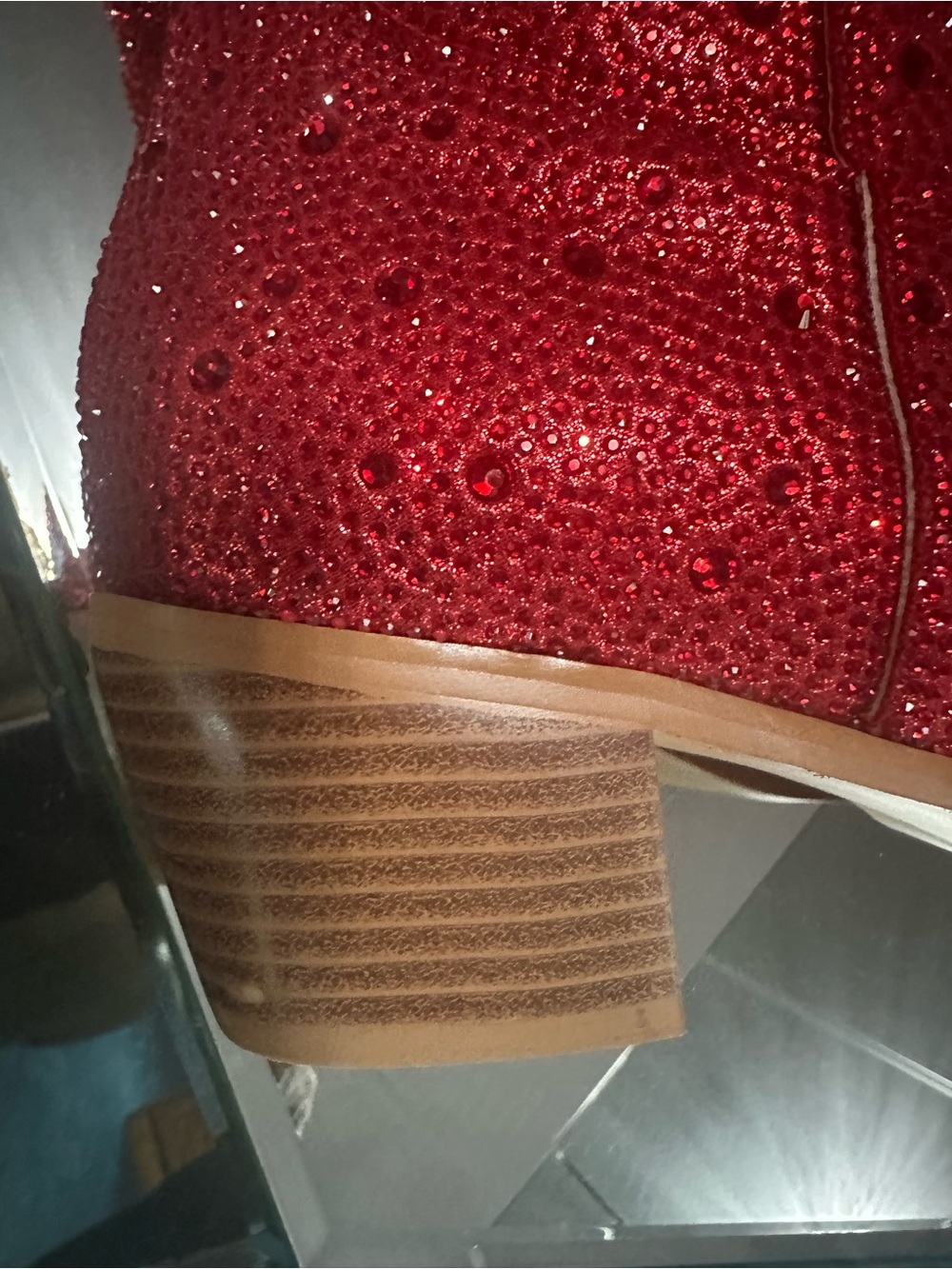 Women's Red Embellished Mid-Calf Heeled Boots. Rhinestone - Picture 5 of 9